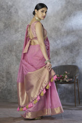 Rose Pink Cotton Silk Saree with Gold Zari Stripes & Woven Pallu