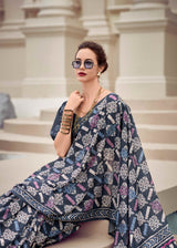 Navy Blue Printed Saree with Floral Motifs & Geometric Border