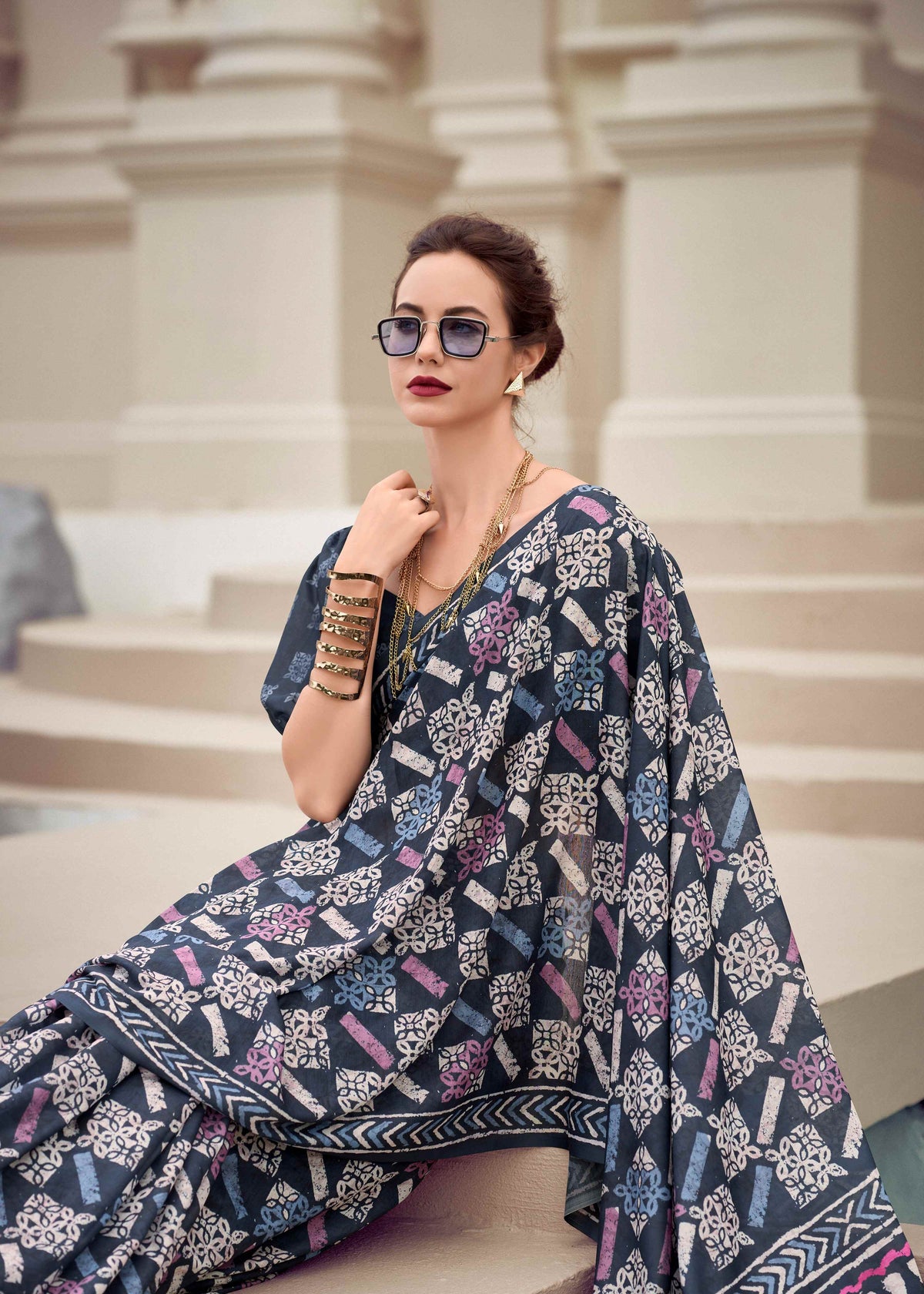 Navy Blue Printed Saree with Floral Motifs & Geometric Border