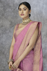 Rose Pink Cotton Silk Saree with Gold Zari Stripes & Woven Pallu