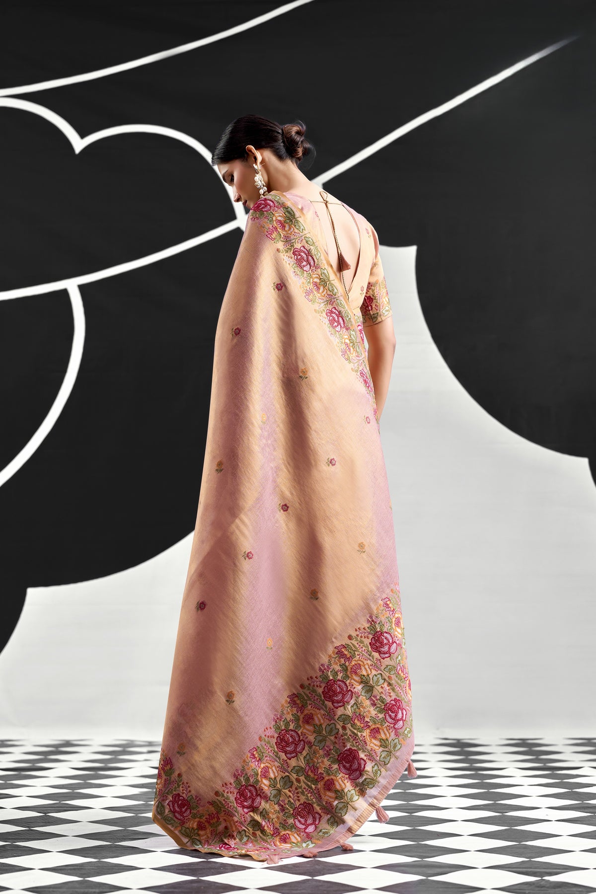 Peach Pink Tissue Silk Saree with Floral Embroidery
