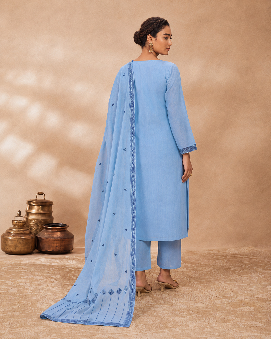 Blue 100% Mul Cotton Suit 3 Piece