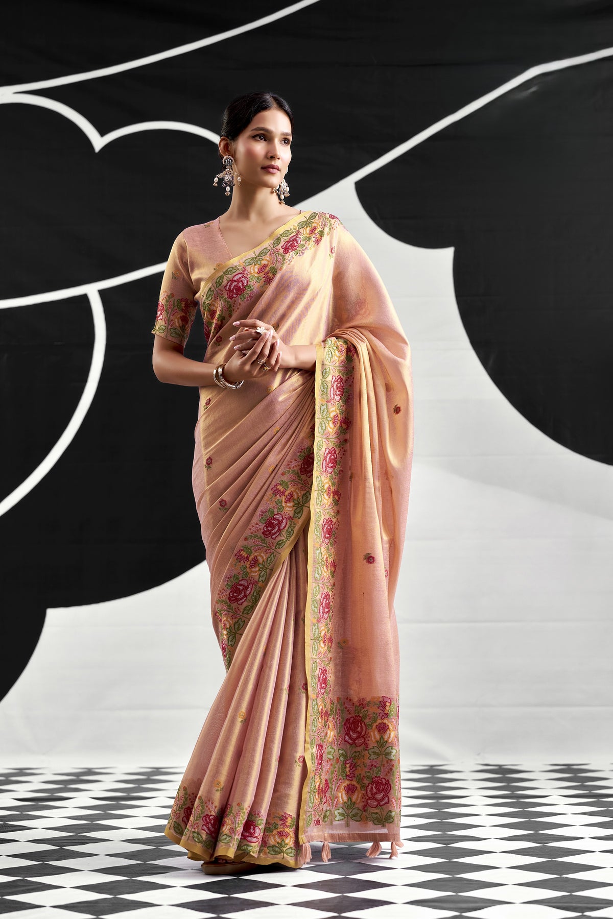 Peach Pink Tissue Silk Saree with Floral Embroidery