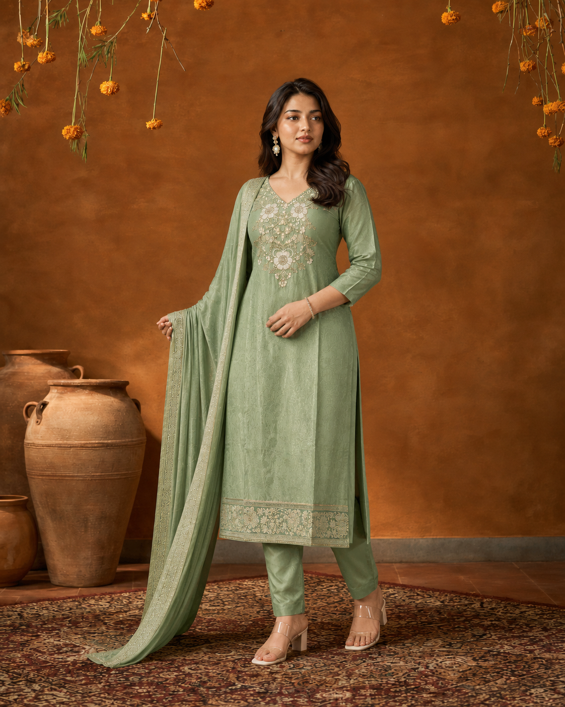 Sage Green Malay Glass Texture Suit 3 Piece