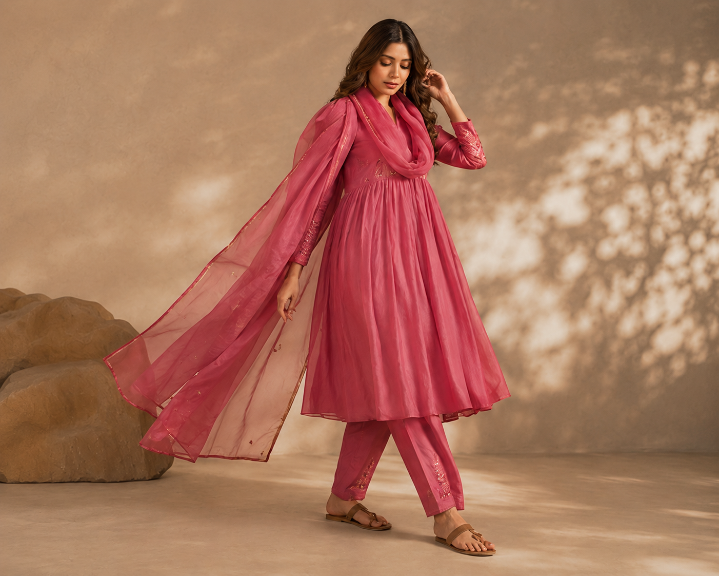 Pink Pure Banarasi Mul Chanderi Suit 3 Piece