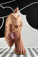 Peach Pink Tissue Silk Saree with Floral Embroidery
