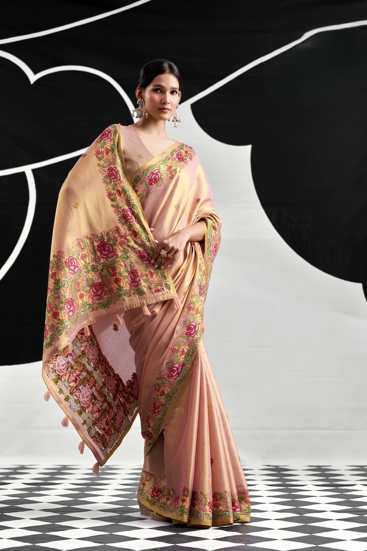 Peach Pink Tissue Silk Saree with Floral Embroidery