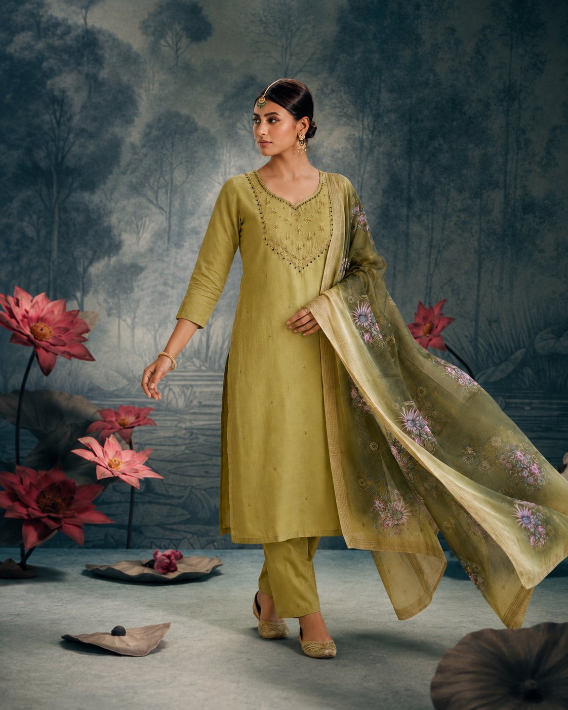 Elaichi Green Premium Mul Chanderi Suit 3 Piece