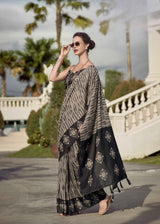 Black Mul Silk Saree with Classic Stripes & Floral Printed Pallu