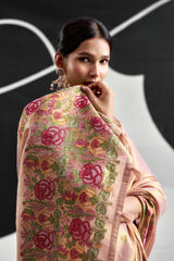 Peach Pink Tissue Silk Saree with Floral Embroidery