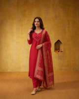 Tomato Red Premium Mul Chanderi Suit 3 Piece