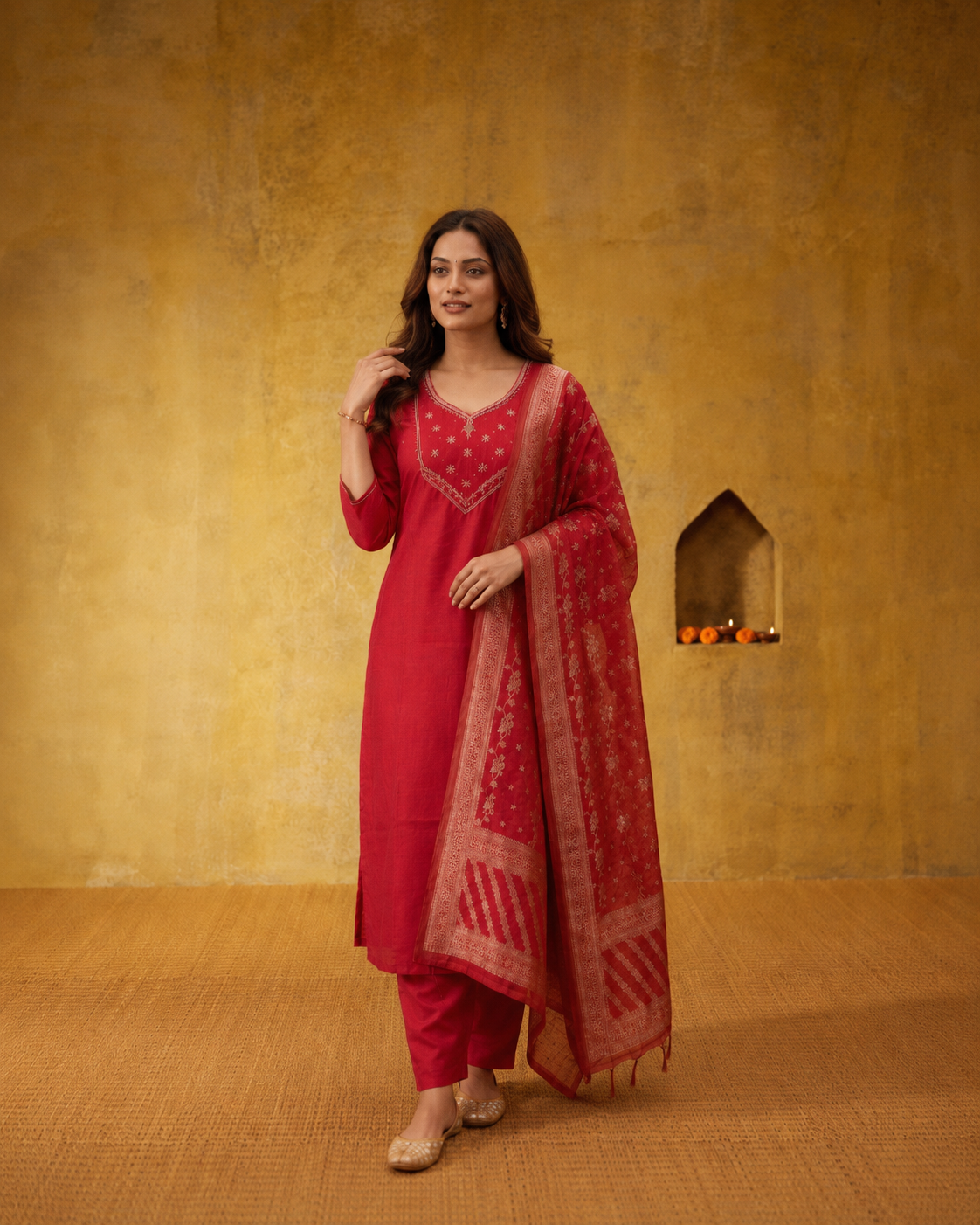 Tomato Red Premium Mul Chanderi Suit 3 Piece