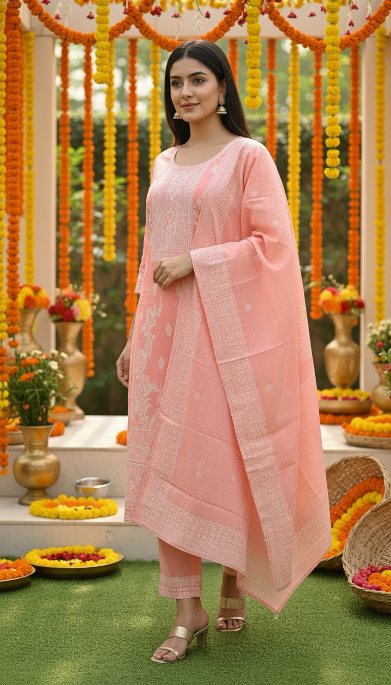 Peach Pink 100% Mul Cotton Suit 3 Piece