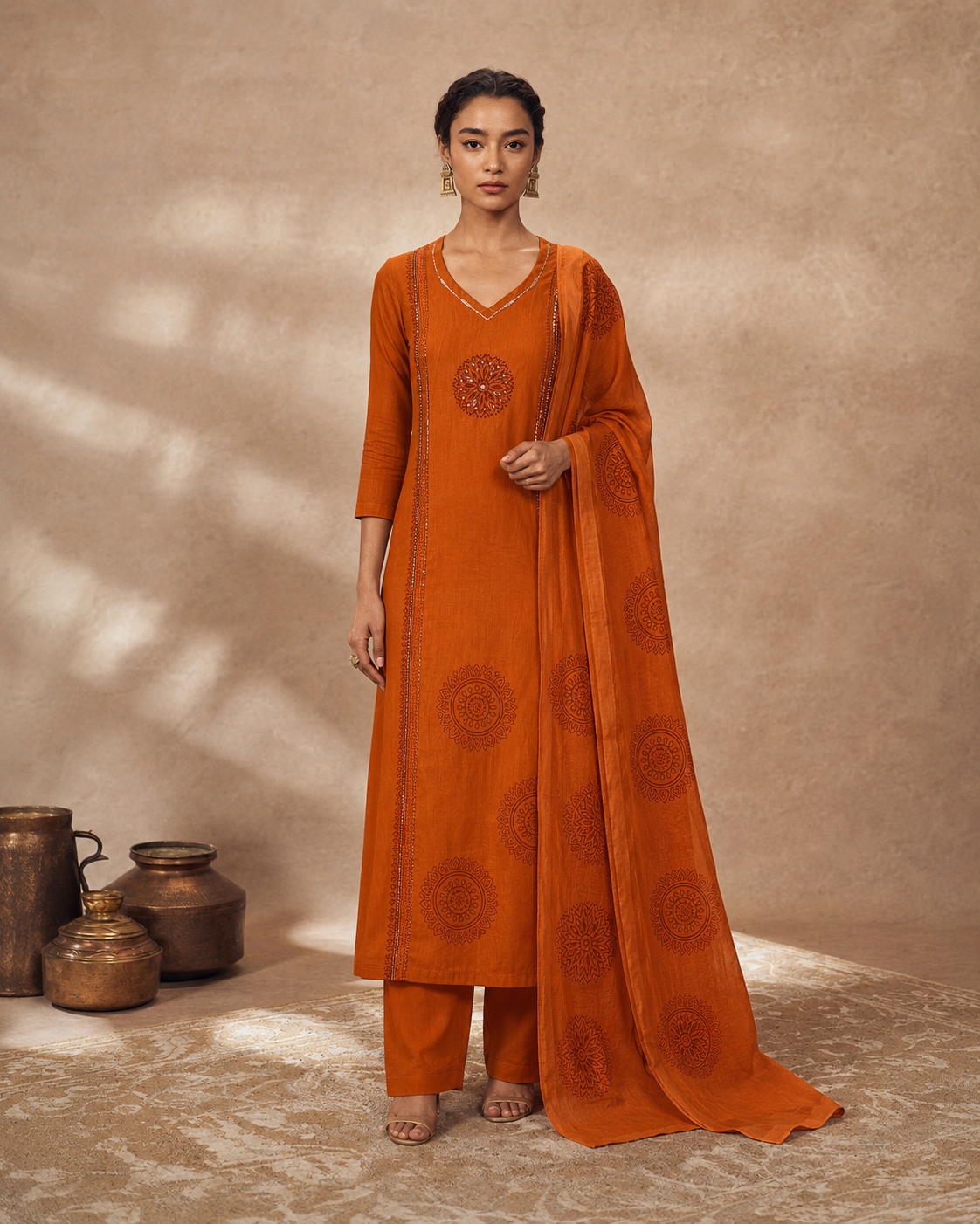 Orange Pure Cotton Suit 3 Piece