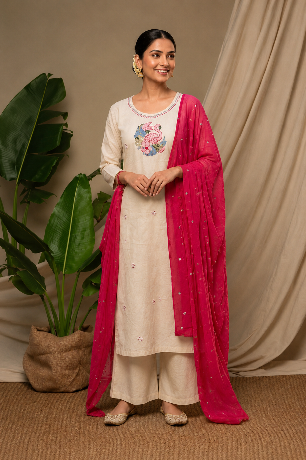Cream Pure Khadi Cotton Suit 3 Piece