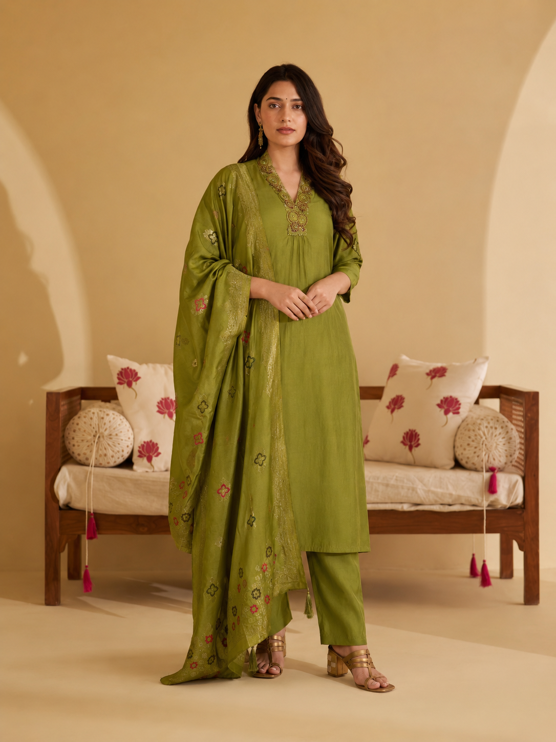 Mehendi Green Premium Roman Silk Suit 3 Piece