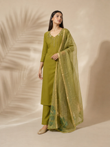 Parrot Green Premium Mul Chanderi Suit 3 Piece