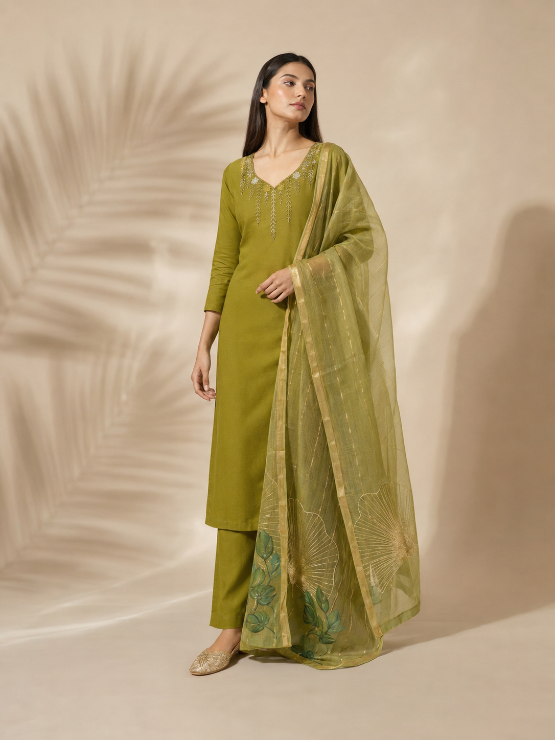 Parrot Green Premium Mul Chanderi Suit 3 Piece