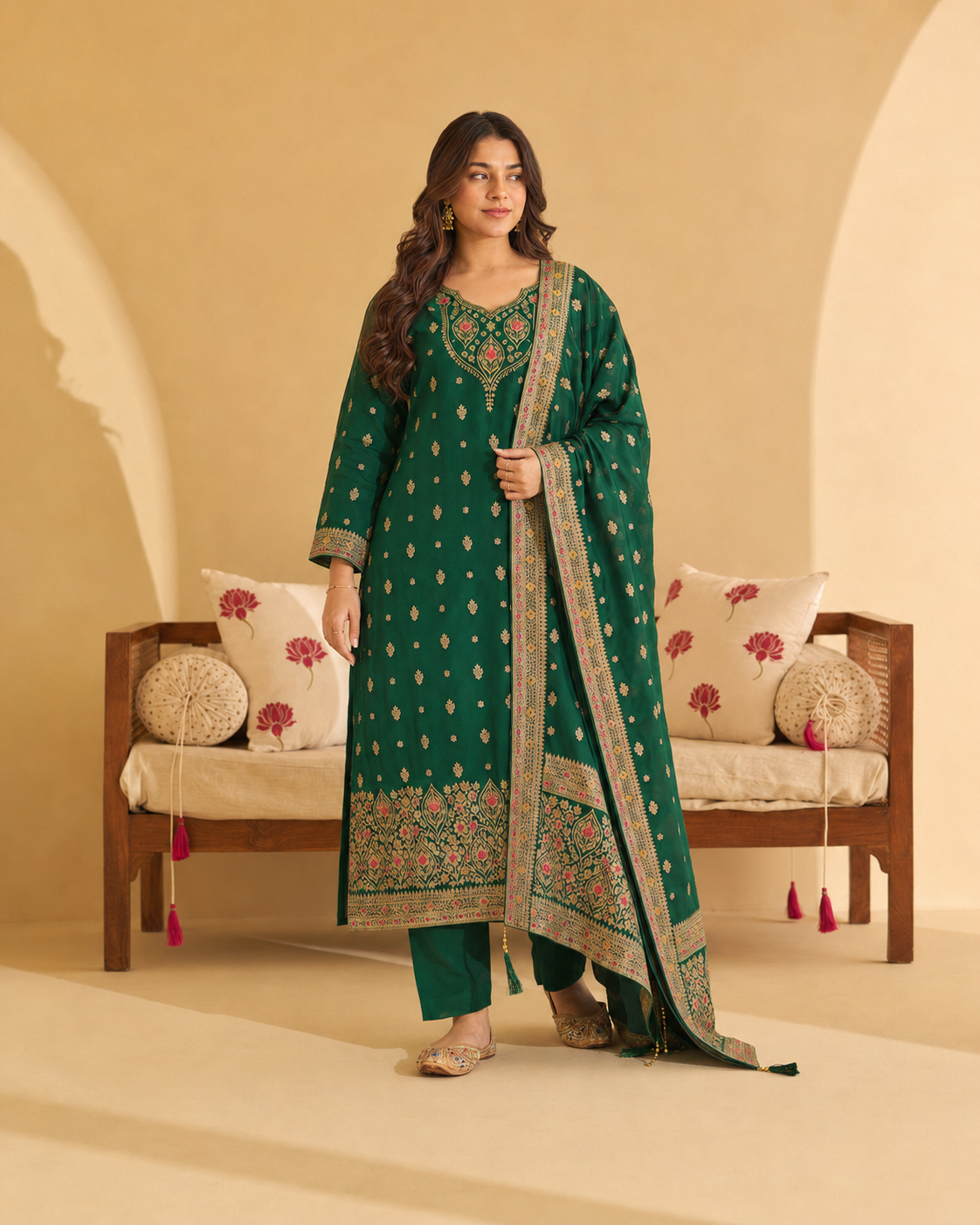 Emerald Green Art Silk Jacquard Suit 3 Piece