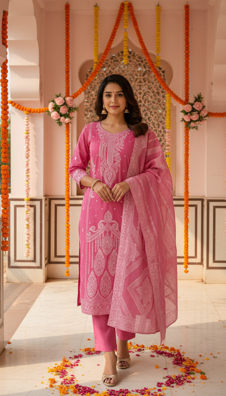 Rosy Pink 100% Mul Cotton Suit 3 Piece