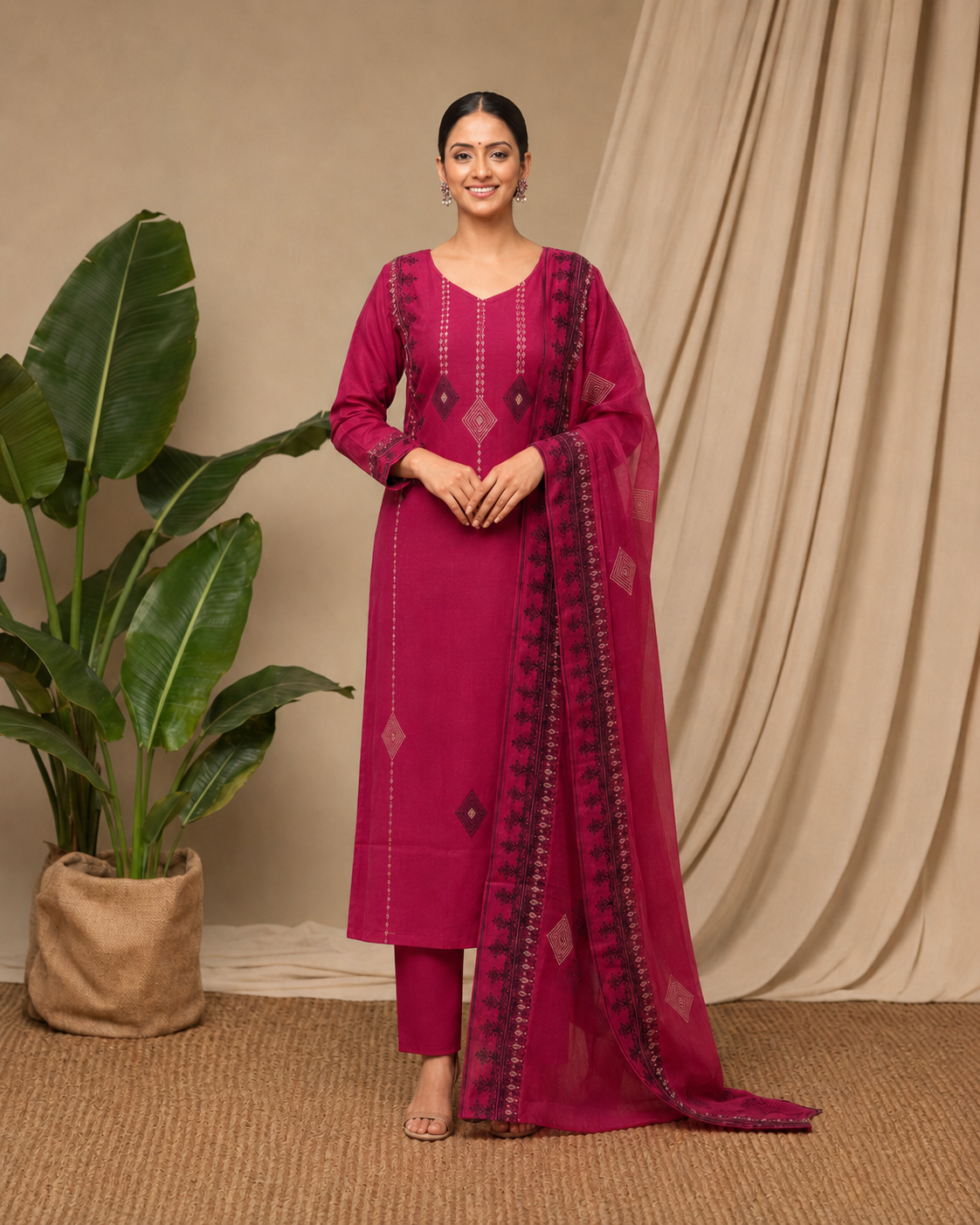Cherry Red Pure Cotton Suit 3 Piece
