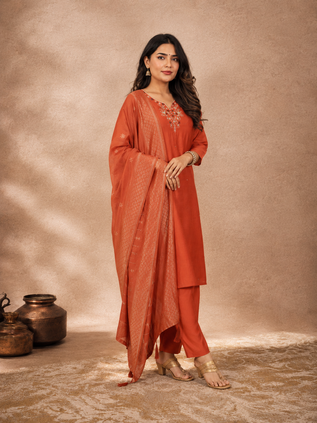 Rust Orange Premium Roman Silk Suit 3 Piece