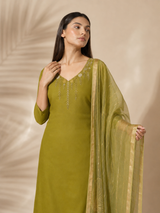 Parrot Green Premium Mul Chanderi Suit 3 Piece