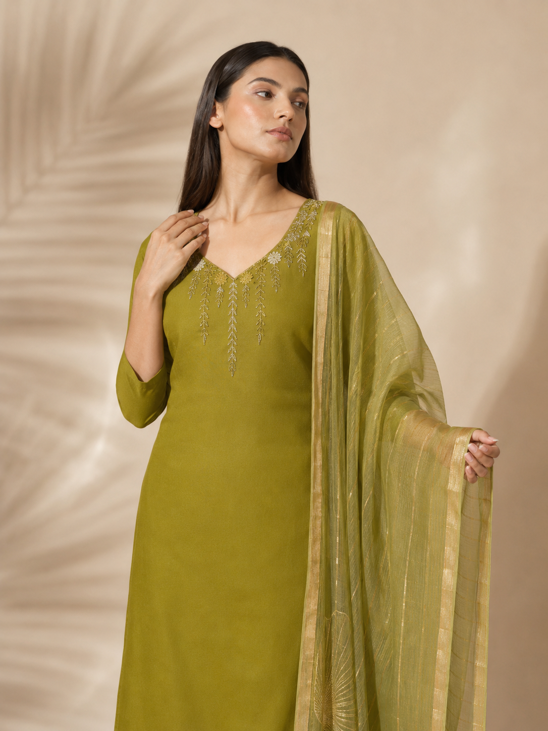 Parrot Green Premium Mul Chanderi Suit 3 Piece