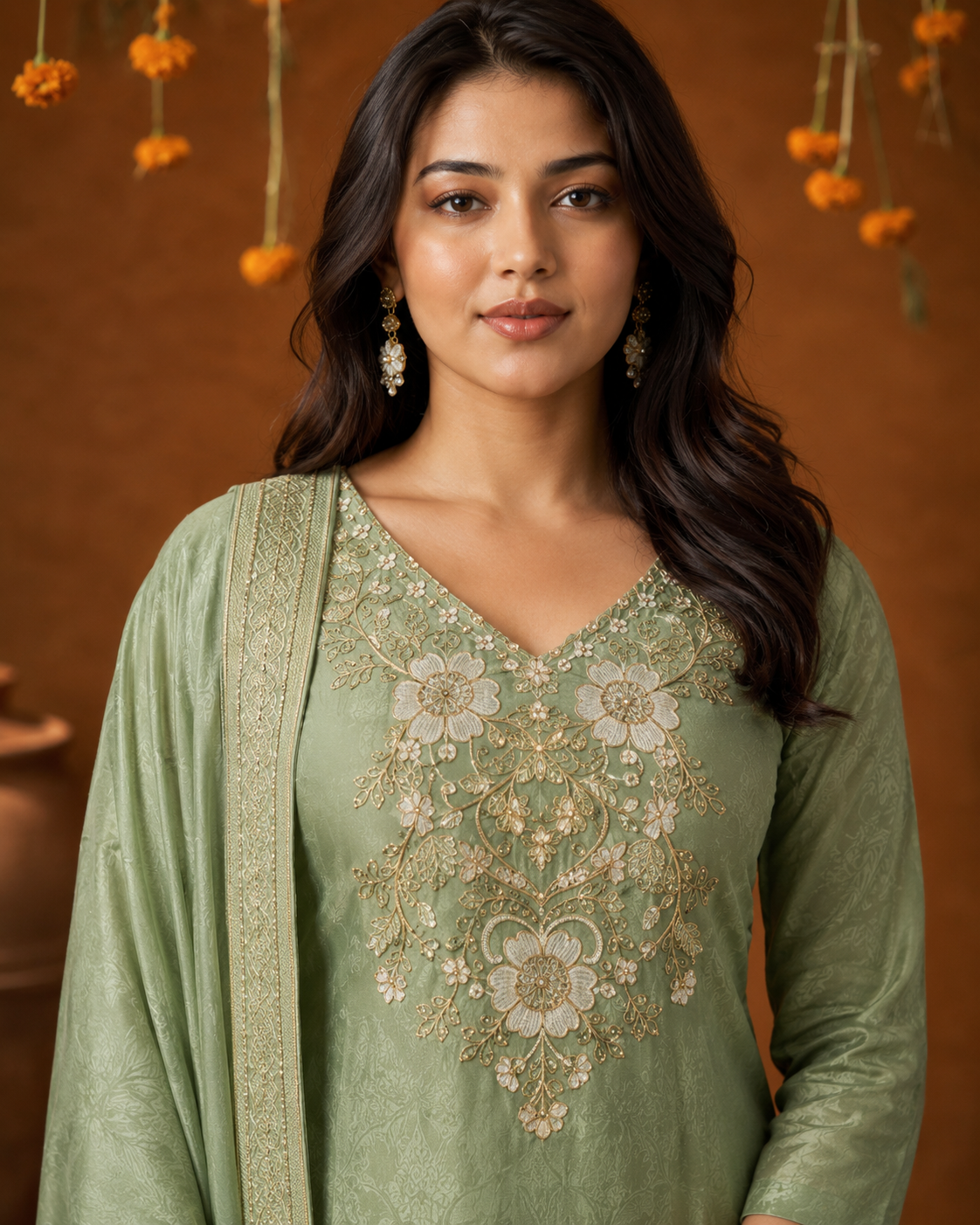 Sage Green Malay Glass Texture Suit 3 Piece