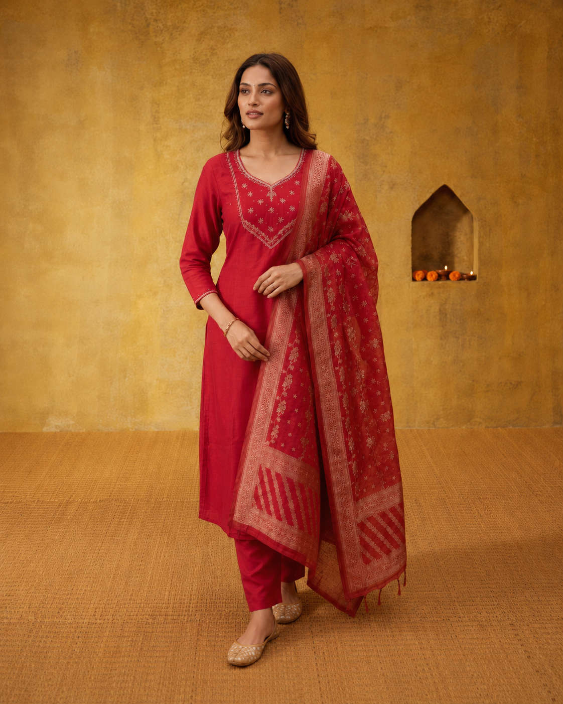 Tomato Red Premium Mul Chanderi Suit 3 Piece