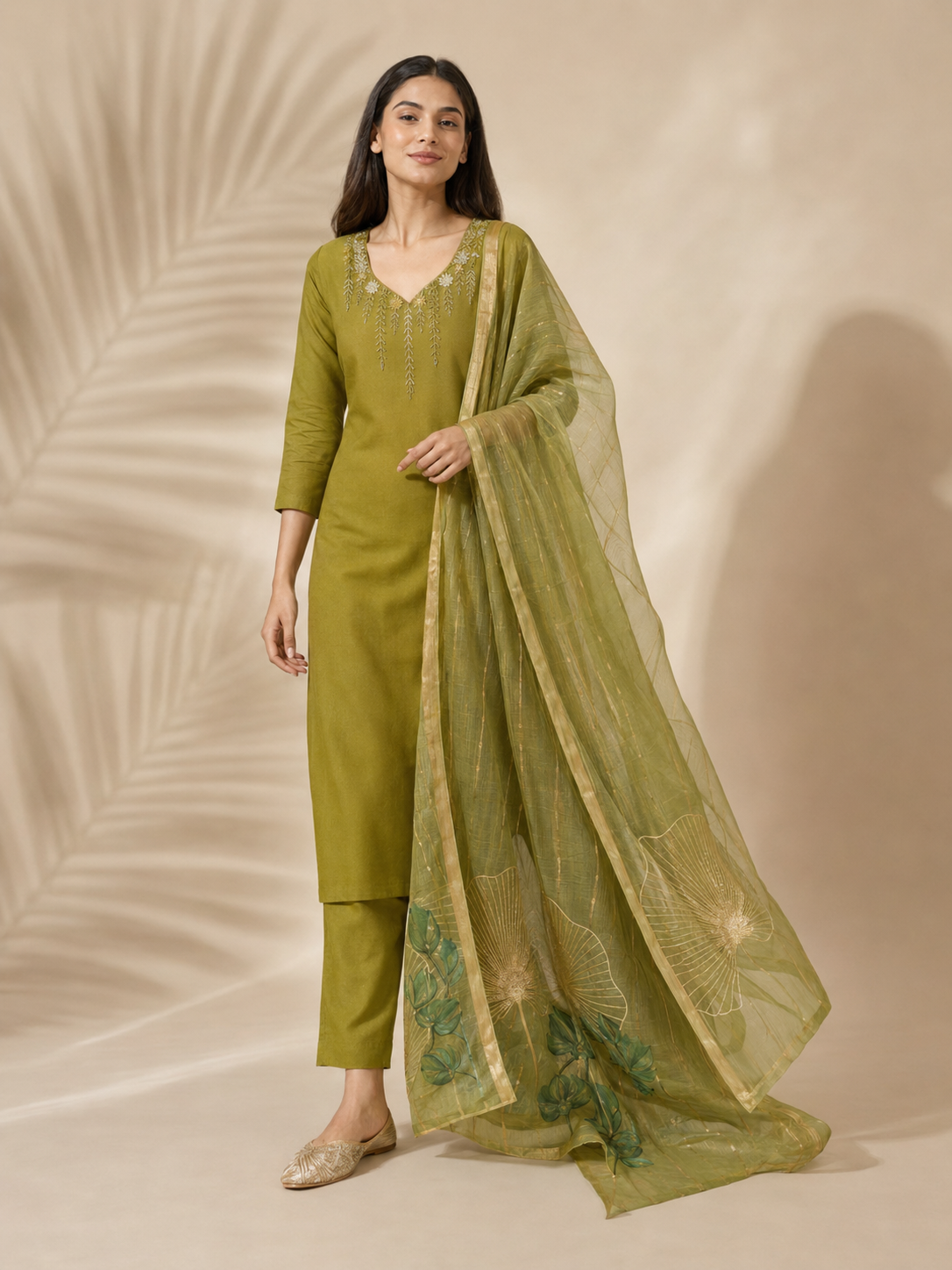 Parrot Green Premium Mul Chanderi Suit 3 Piece