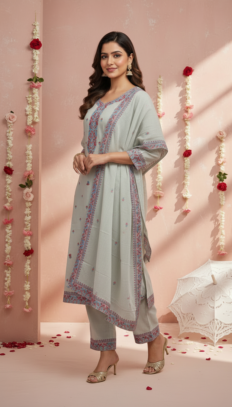 Powder Blue Mul Cotton Suit 3 Piece