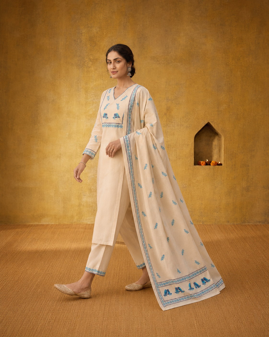 Cream 100% Pure Khadi Cotton Suit 3 Piece