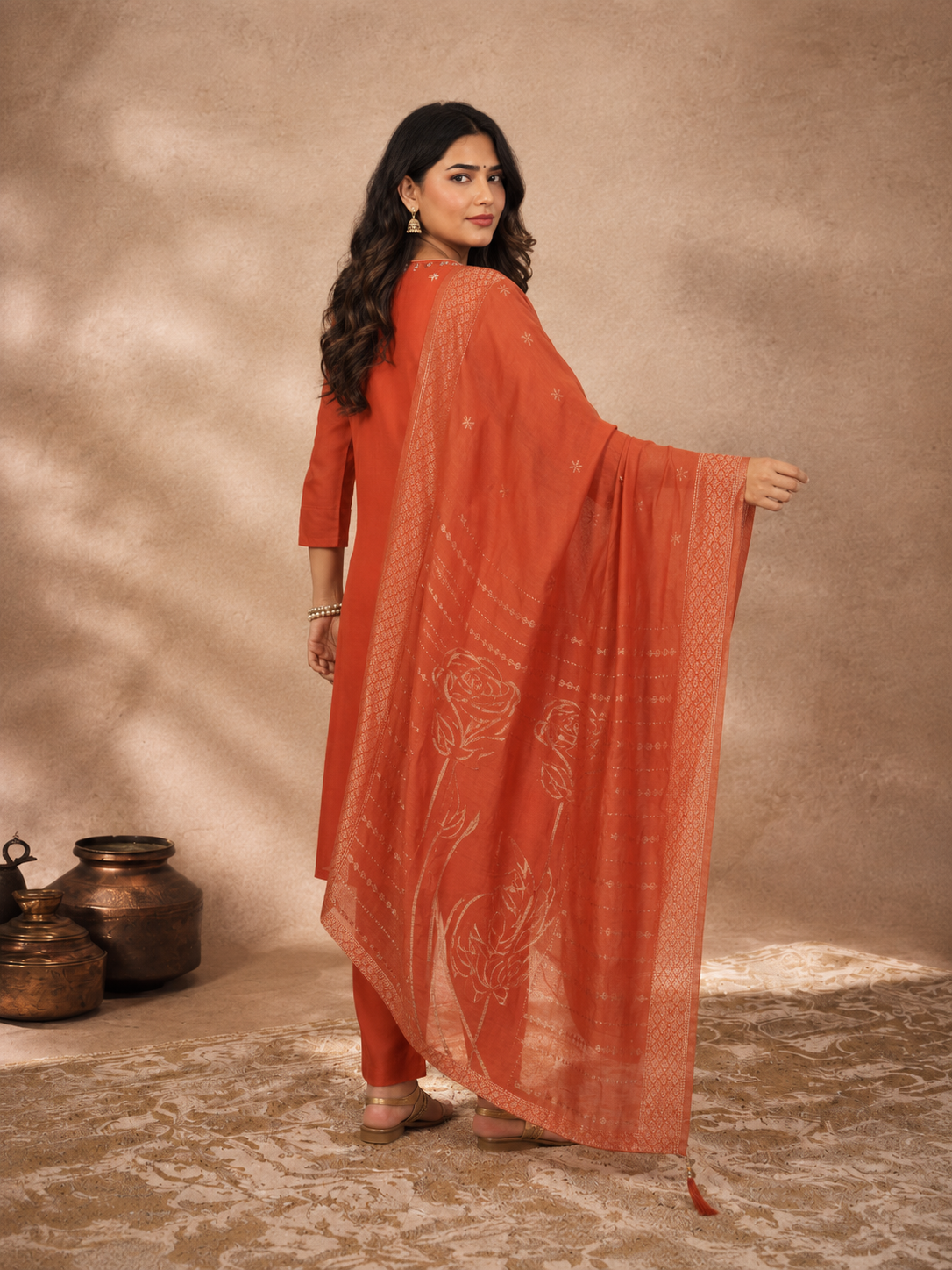Rust Orange Premium Roman Silk Suit 3 Piece