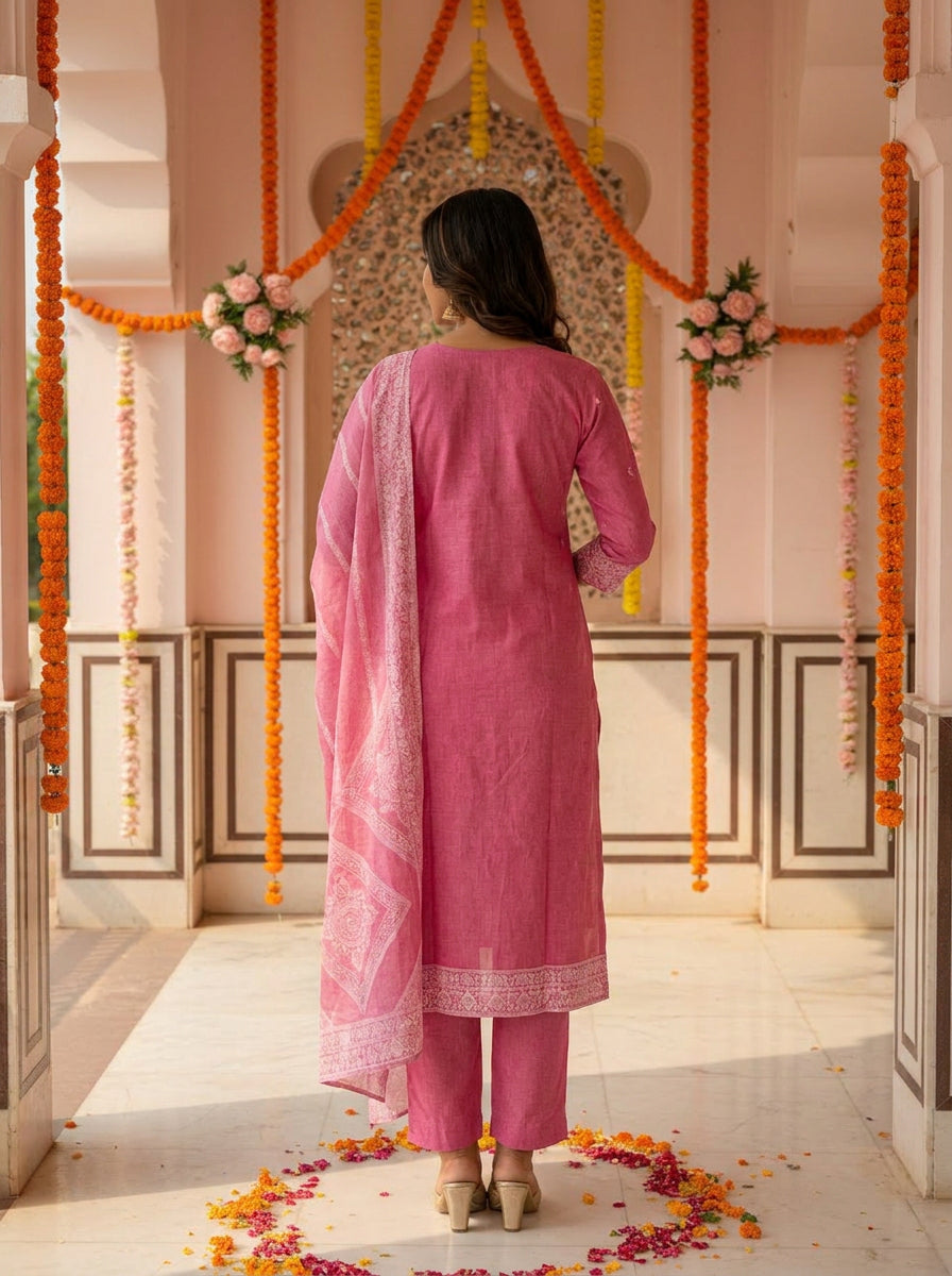 Rosy Pink 100% Mul Cotton Suit 3 Piece
