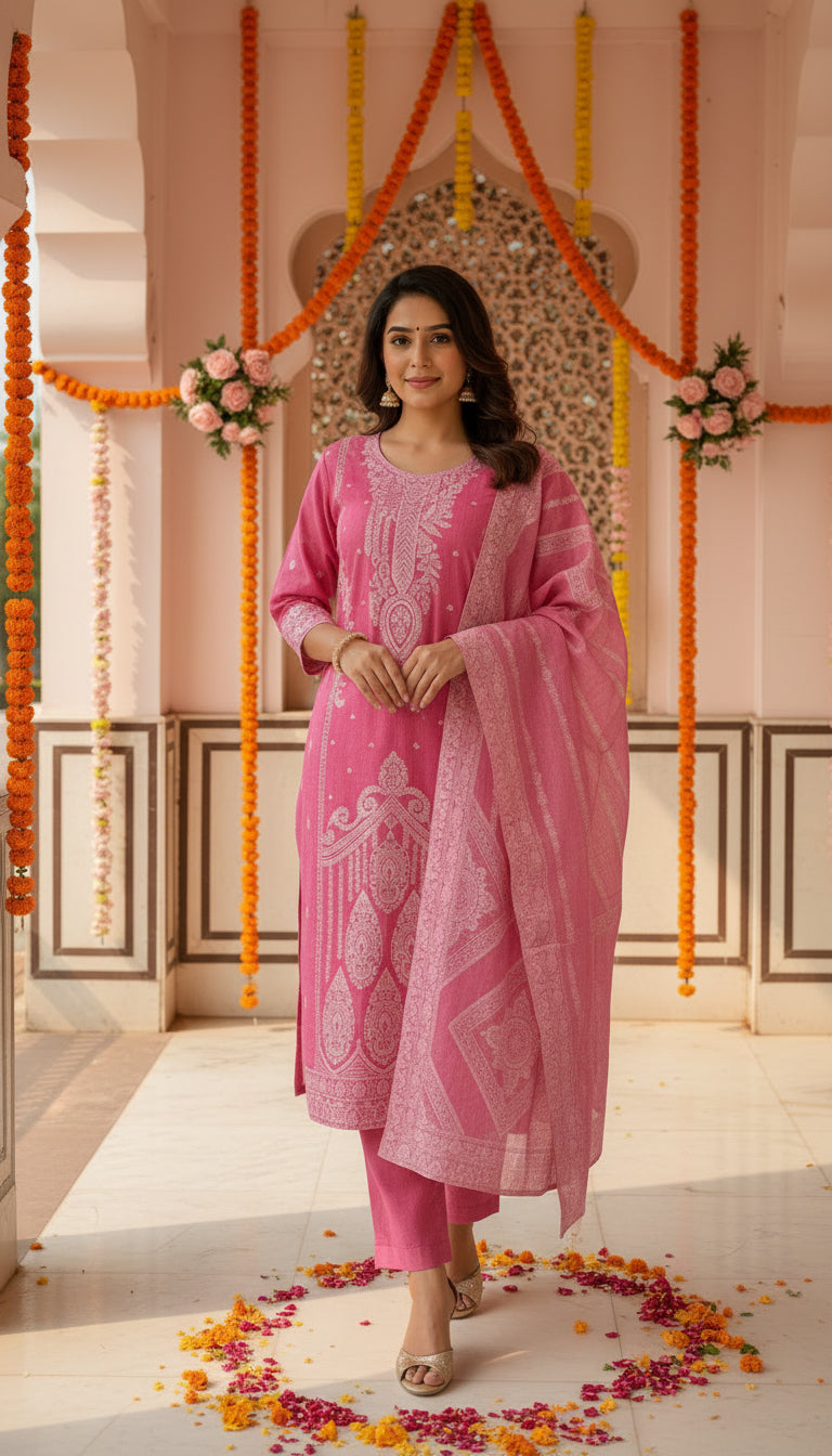 Rosy Pink 100% Mul Cotton Suit 3 Piece