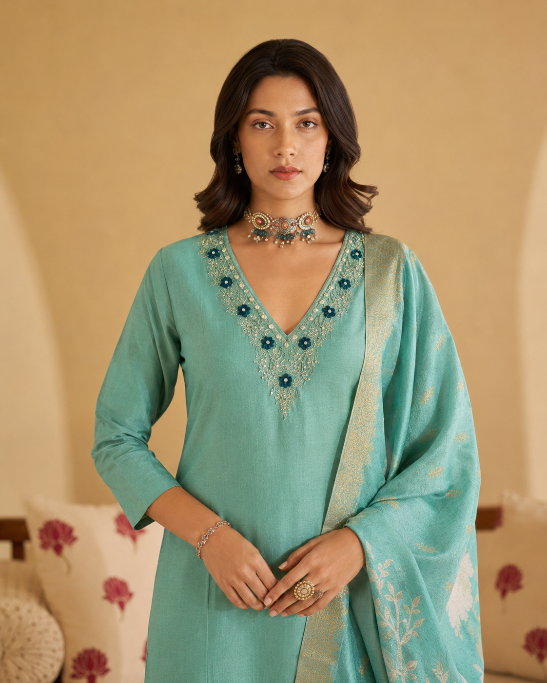 Sea Green Premium Roman Silk Suit 3 Piece