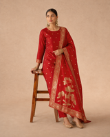 Cheery Red Art Silk Jacquard Suit 3 Piece