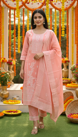 Peach Pink 100% Mul Cotton Suit 3 Piece