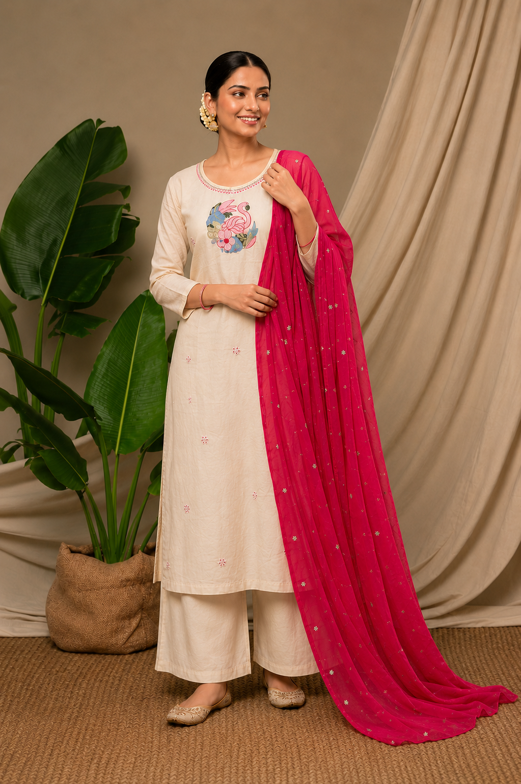 Cream Pure Khadi Cotton Suit 3 Piece