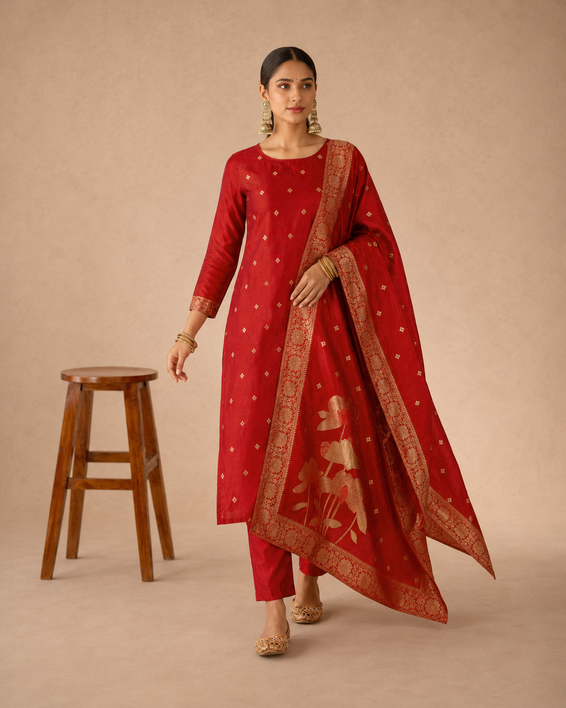 Cheery Red Art Silk Jacquard Suit 3 Piece