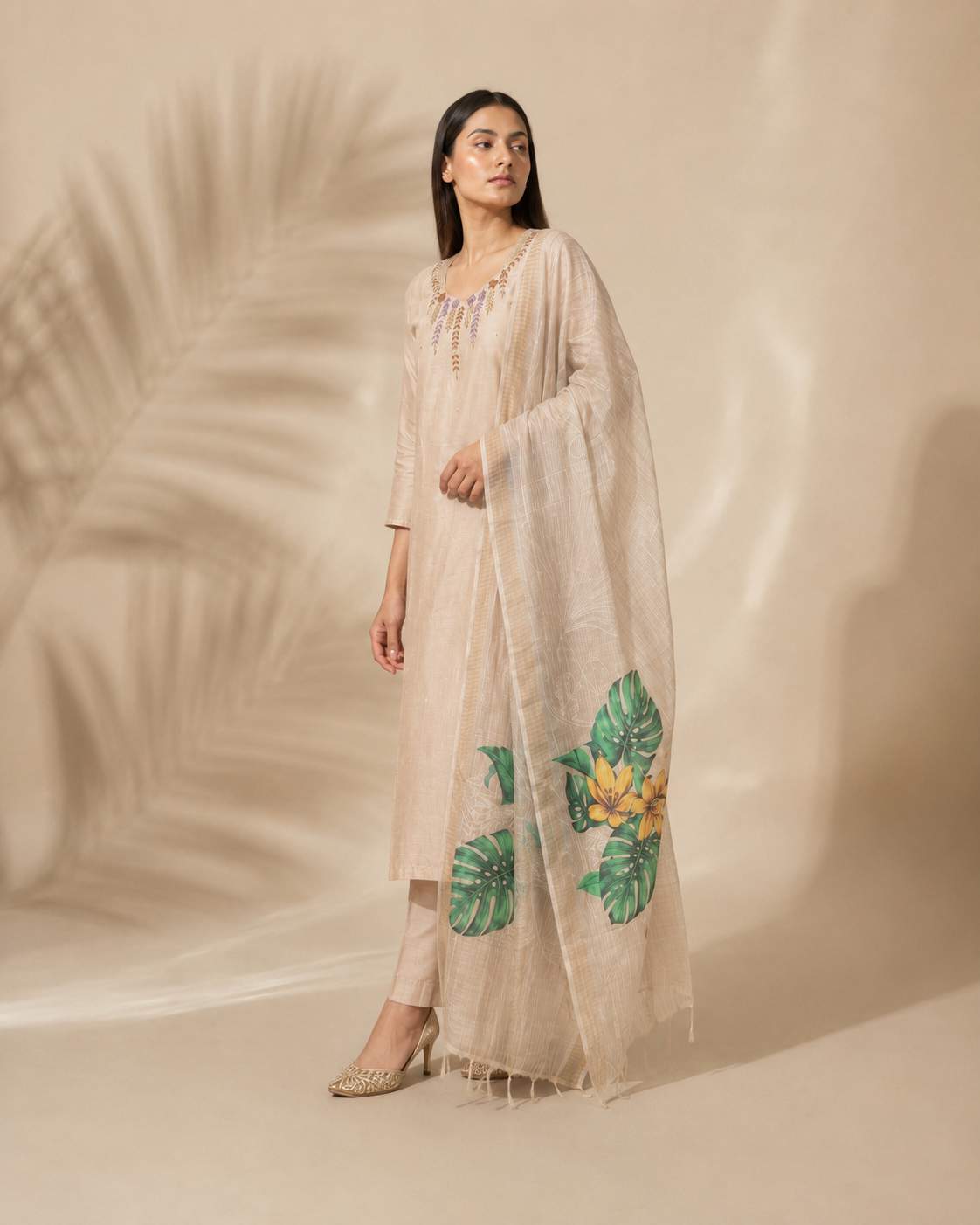 Cream Premium Mul Chanderi Suit 3 Piece