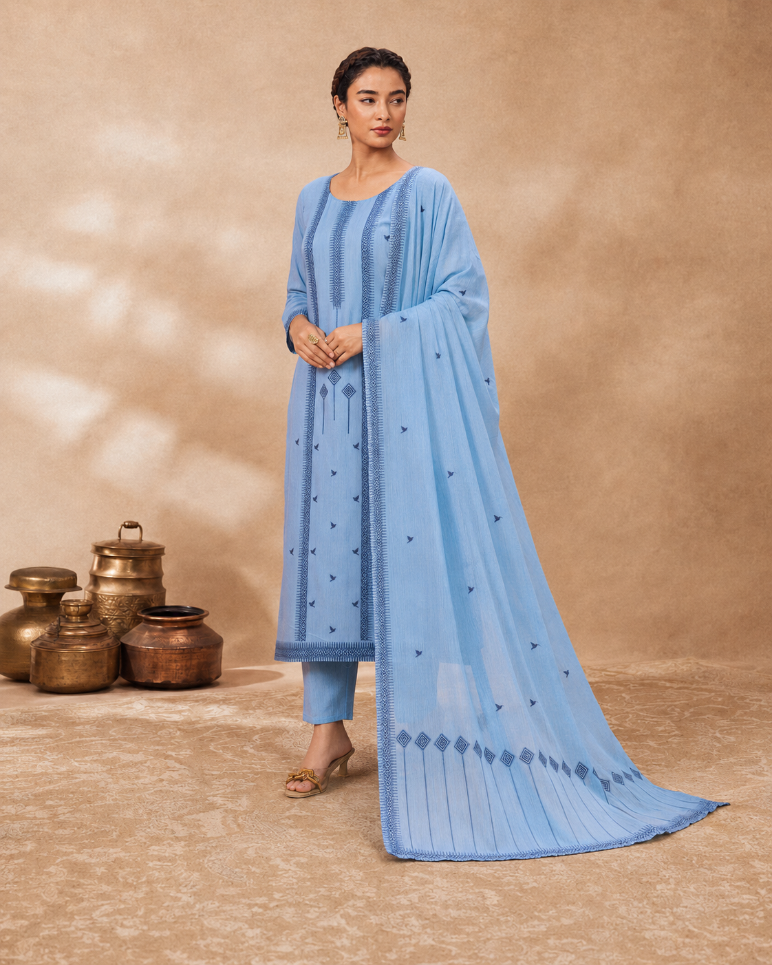 Blue 100% Mul Cotton Suit 3 Piece
