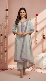 Powder Blue Mul Cotton Suit 3 Piece