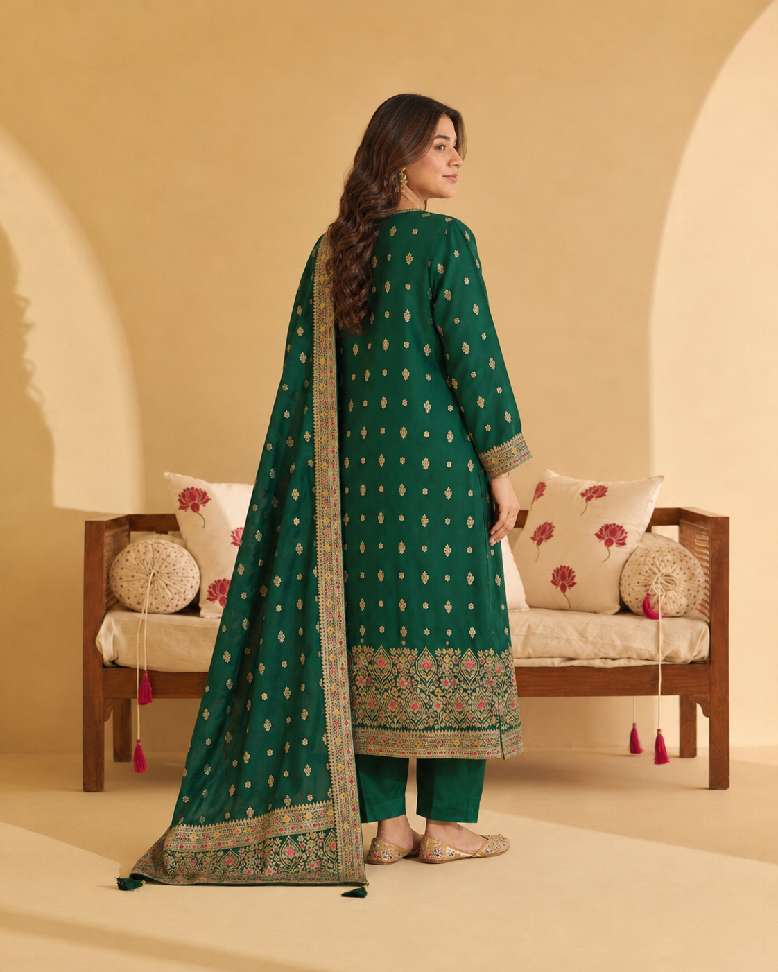 Emerald Green Art Silk Jacquard Suit 3 Piece