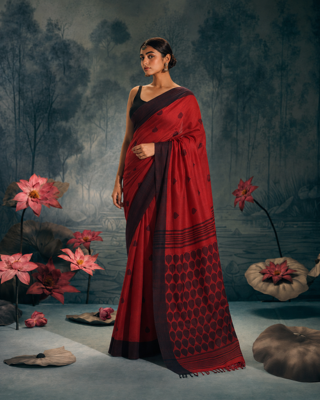 Black and Red Cotton Saree