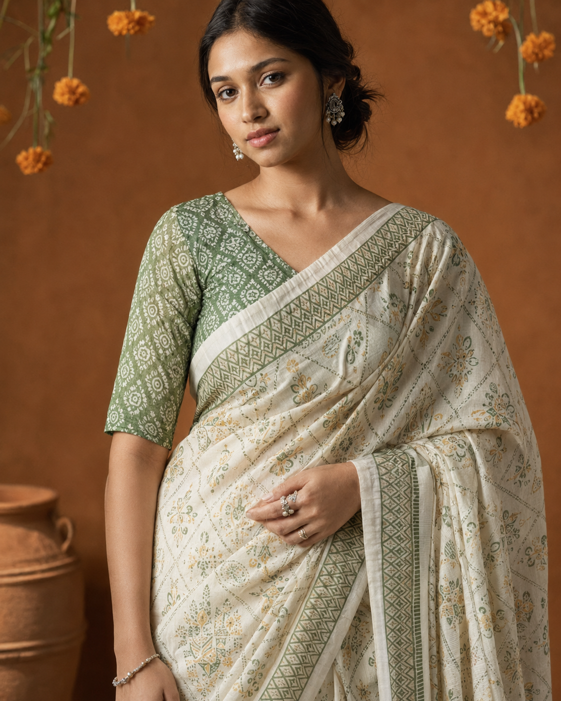 Ivory Sage Green Premium Linen Cotton Saree