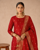 Cheery Red Art Silk Jacquard Suit 3 Piece