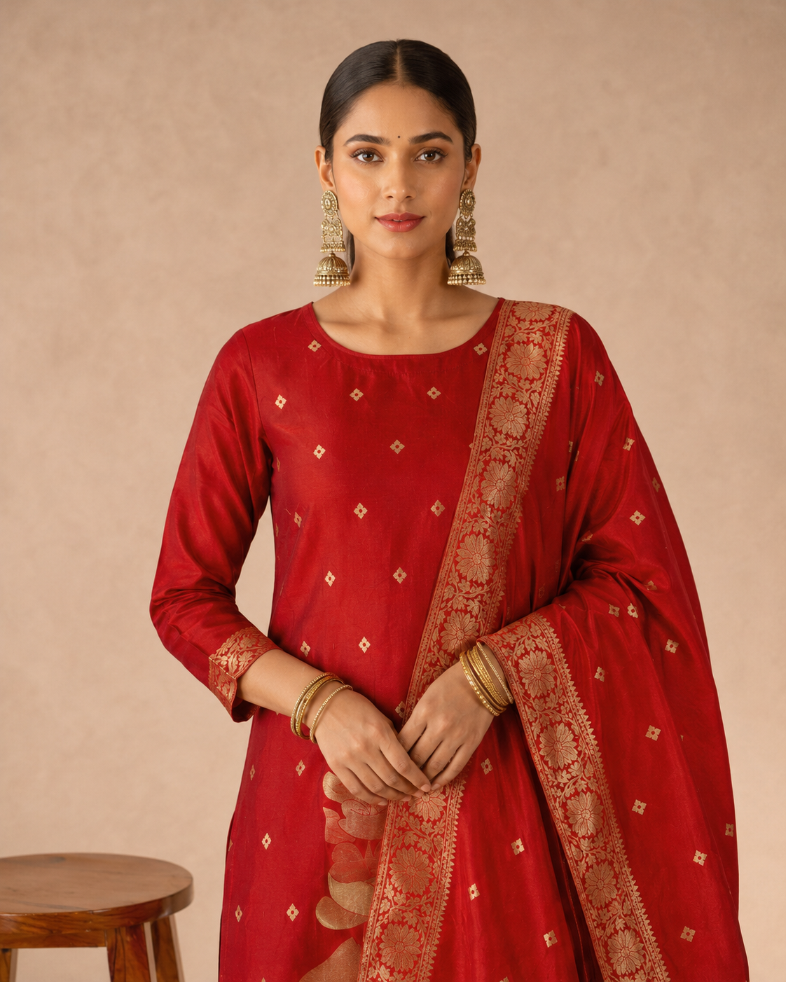 Cheery Red Art Silk Jacquard Suit 3 Piece
