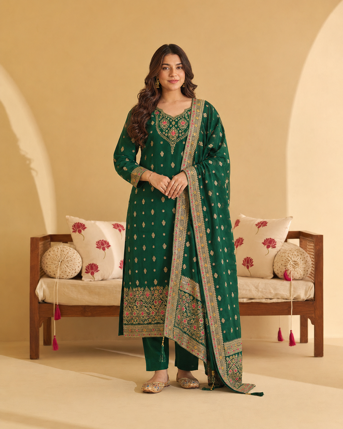 Emerald Green Art Silk Jacquard Suit 3 Piece